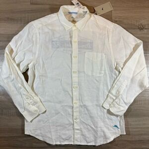 NWT Tommy Bahama Shirt Mens M White 100% Linen Dania Pointe Marlin Bar Logo